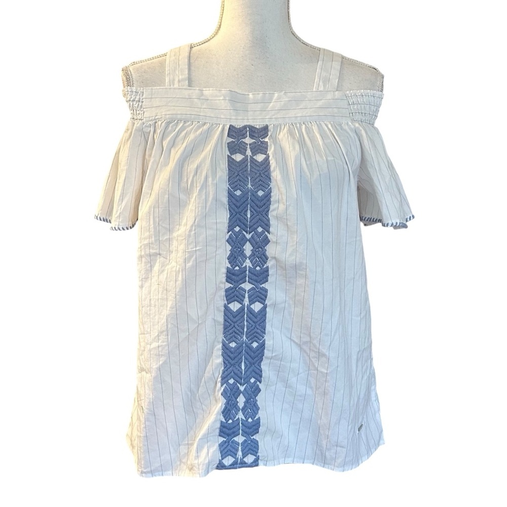 Nautica Cold Shoulder Short Sleeve Boho Top Women’s SZ XS White & Blue NEW